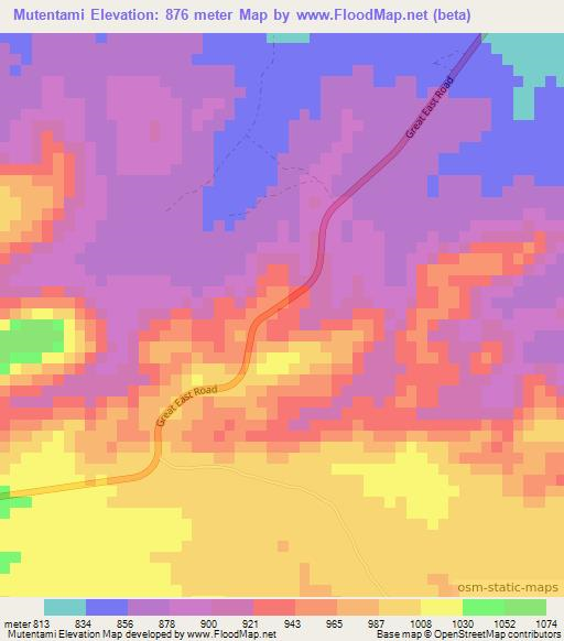 Mutentami,Zambia Elevation Map