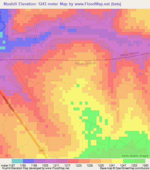 Mushili,Zambia Elevation Map