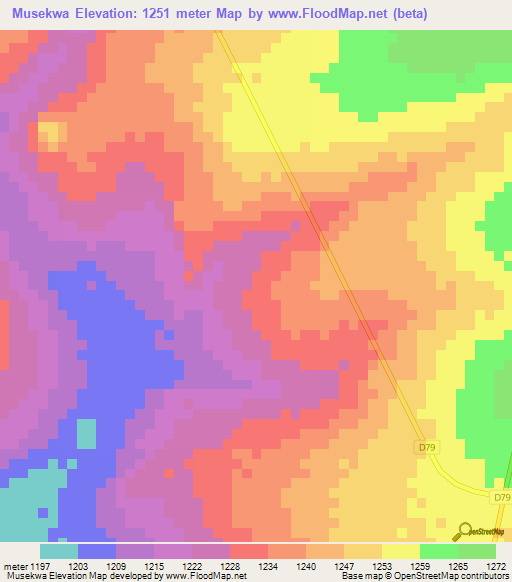 Musekwa,Zambia Elevation Map