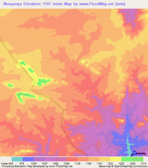 Munyenya,Zambia Elevation Map