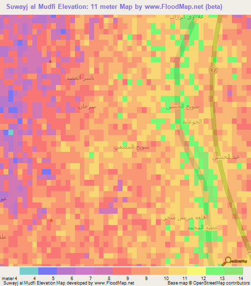 Suwayj al Mudfi,Iraq Elevation Map