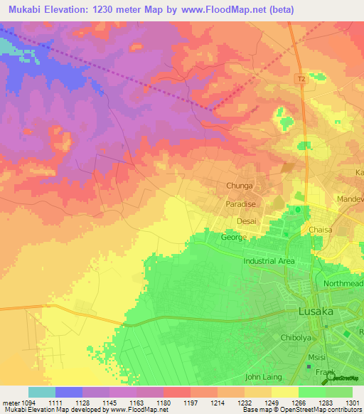 Mukabi,Zambia Elevation Map