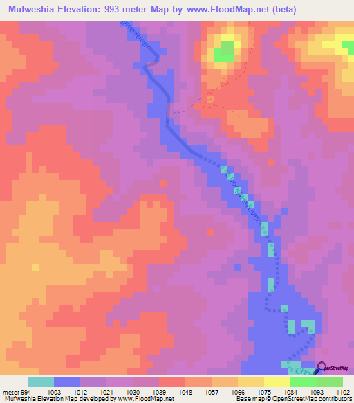 Mufweshia,Zambia Elevation Map