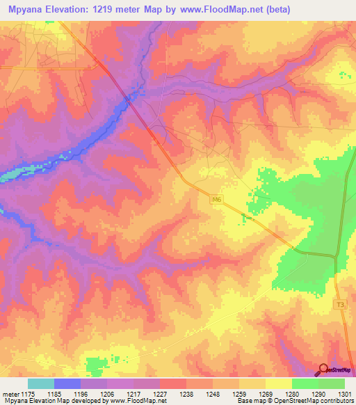 Mpyana,Zambia Elevation Map