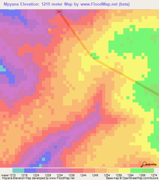 Mpyana,Zambia Elevation Map