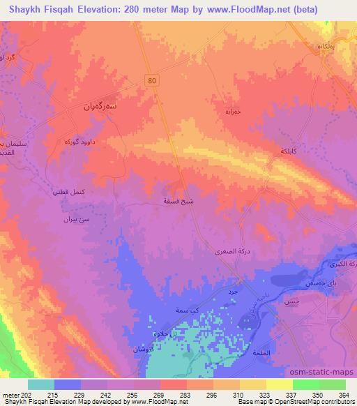 Shaykh Fisqah,Iraq Elevation Map