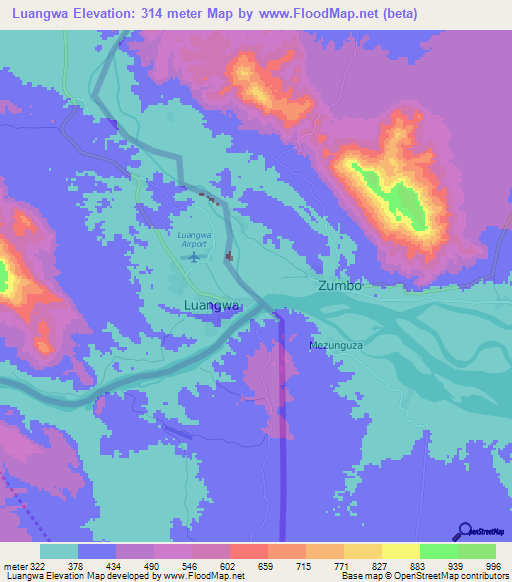 Luangwa,Zambia Elevation Map