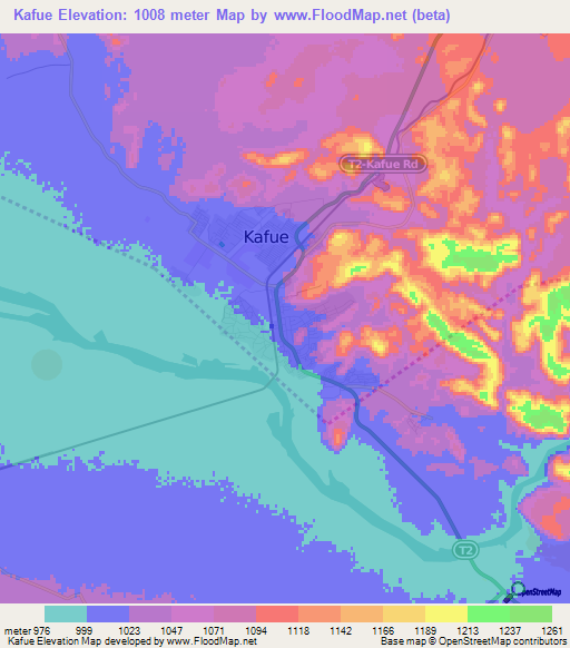 Kafue,Zambia Elevation Map