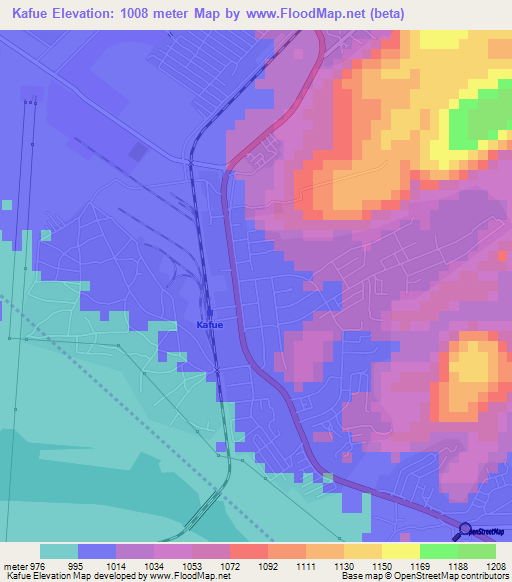 Kafue,Zambia Elevation Map