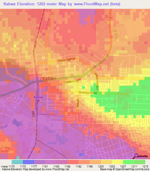 Kabwe,Zambia Elevation Map