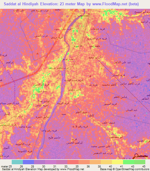 Saddat al Hindiyah,Iraq Elevation Map