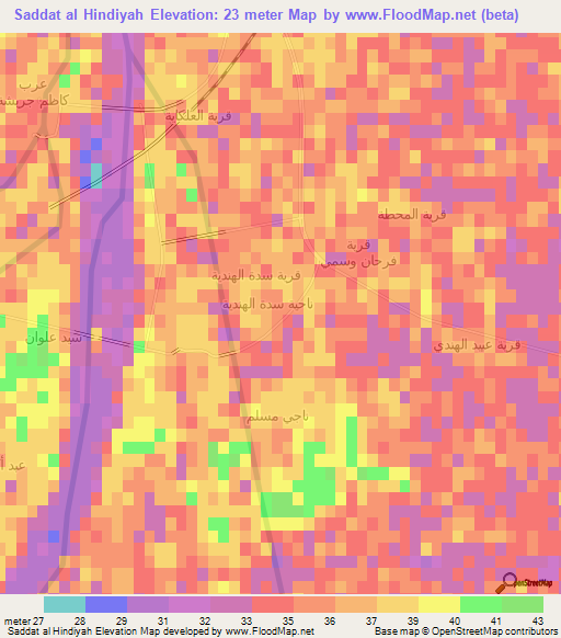 Saddat al Hindiyah,Iraq Elevation Map