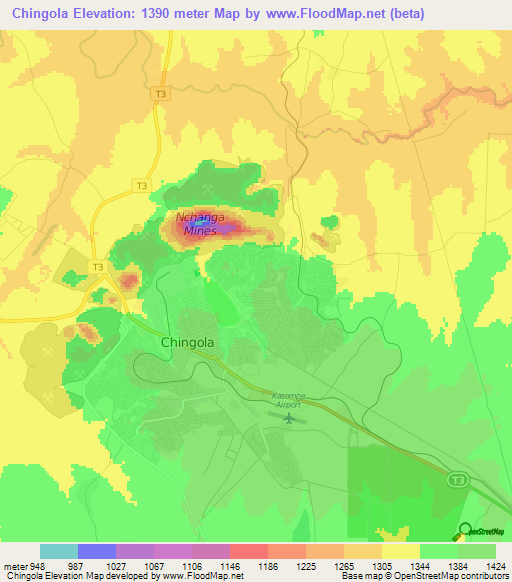 Chingola,Zambia Elevation Map