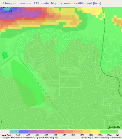 Chingola,Zambia Elevation Map