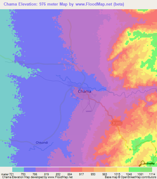 Chama,Zambia Elevation Map