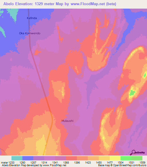 Abelo,Zambia Elevation Map