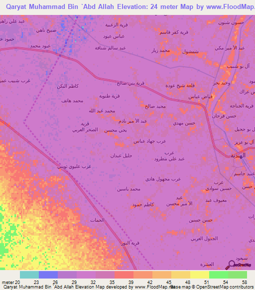 Qaryat Muhammad Bin `Abd Allah,Iraq Elevation Map