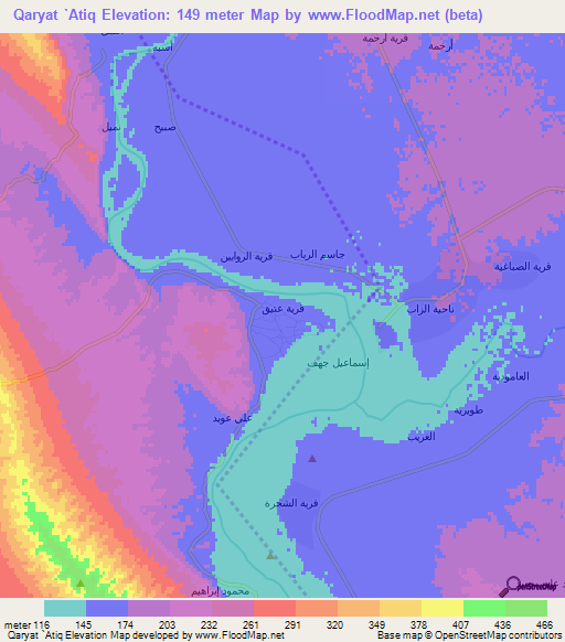 Qaryat `Atiq,Iraq Elevation Map