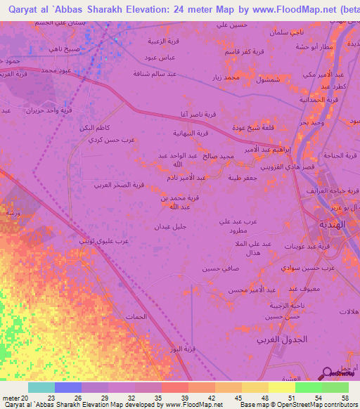 Qaryat al `Abbas Sharakh,Iraq Elevation Map