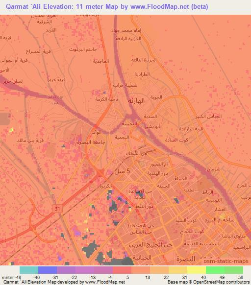 Qarmat `Ali,Iraq Elevation Map