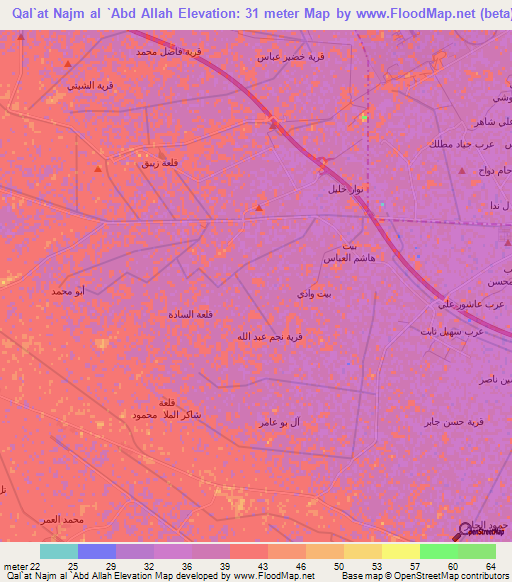 Qal`at Najm al `Abd Allah,Iraq Elevation Map