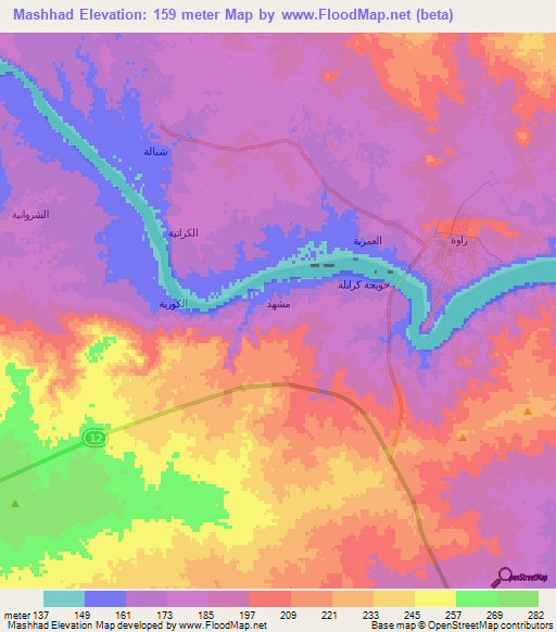 Mashhad,Iraq Elevation Map