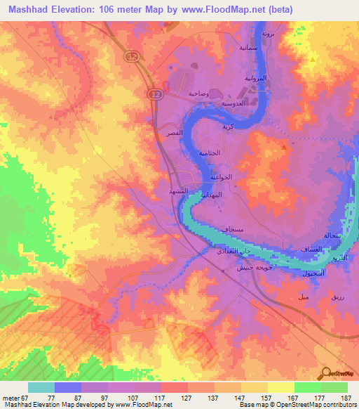 Mashhad,Iraq Elevation Map