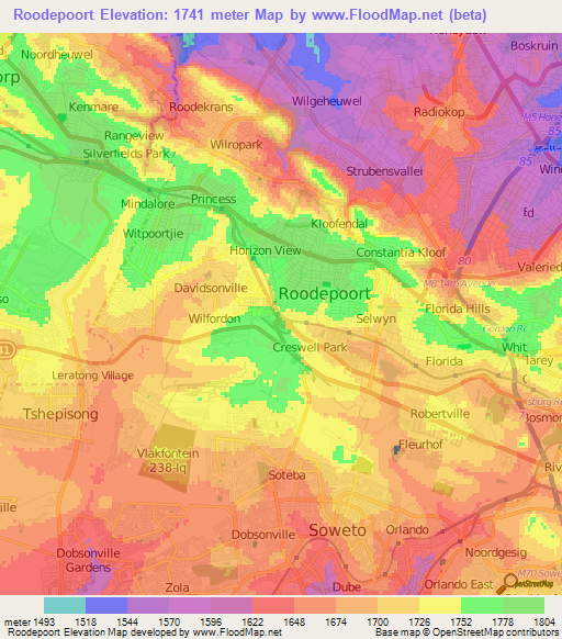 Roodepoort,South Africa Elevation Map