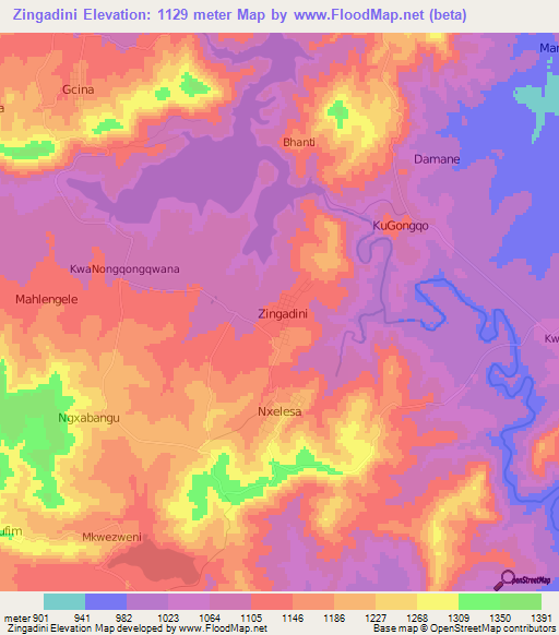 Zingadini,South Africa Elevation Map