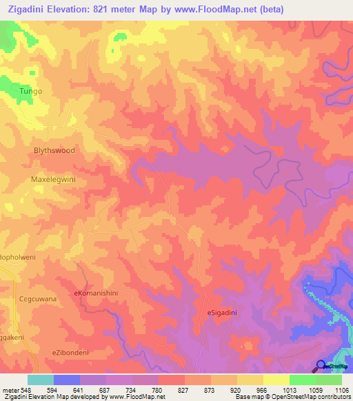 Zigadini,South Africa Elevation Map