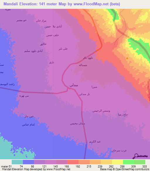 Mandali,Iraq Elevation Map