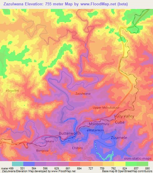 Zazulwana,South Africa Elevation Map