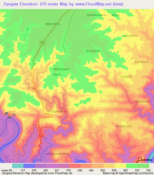 Zangwa,South Africa Elevation Map