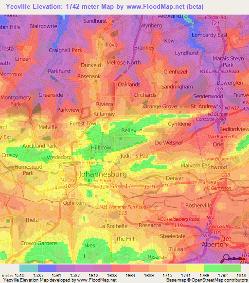 Yeoville,South Africa Elevation Map