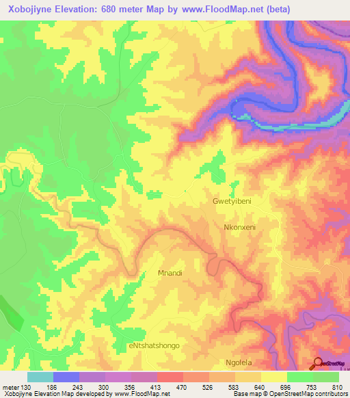 Xobojiyne,South Africa Elevation Map