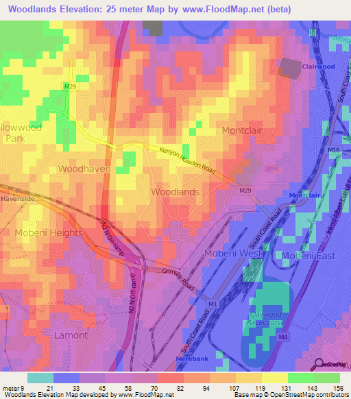 Woodlands,South Africa Elevation Map