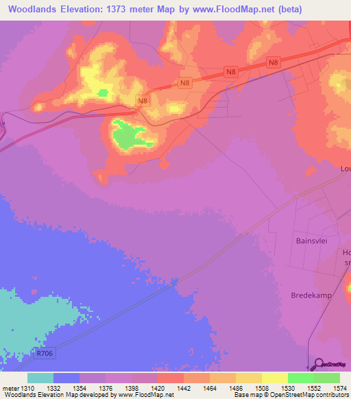 Woodlands,South Africa Elevation Map