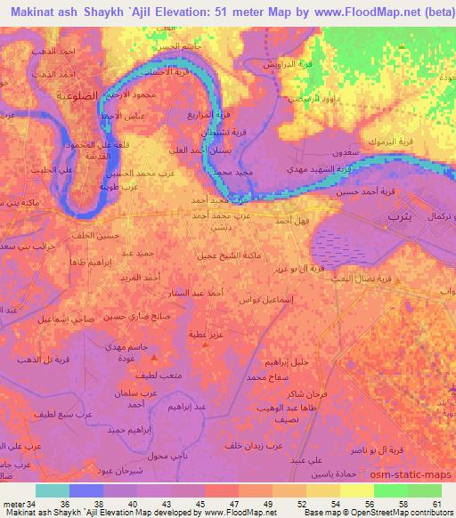 Makinat ash Shaykh `Ajil,Iraq Elevation Map