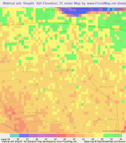 Makinat ash Shaykh `Ajil,Iraq Elevation Map