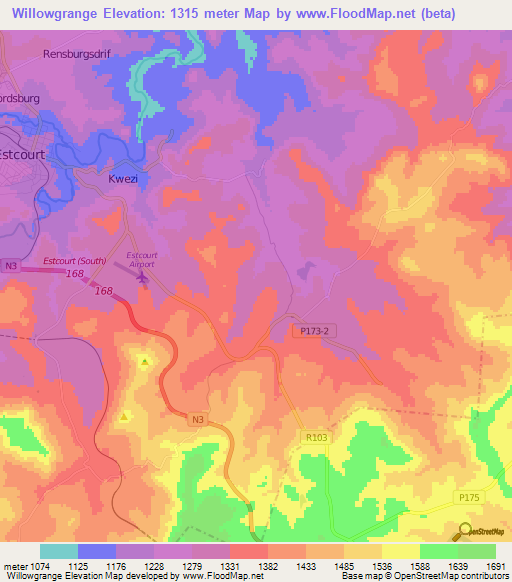 Willowgrange,South Africa Elevation Map