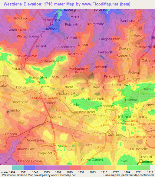 Westdene,South Africa Elevation Map