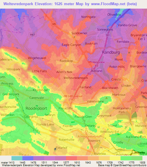 Weltevredenpark,South Africa Elevation Map