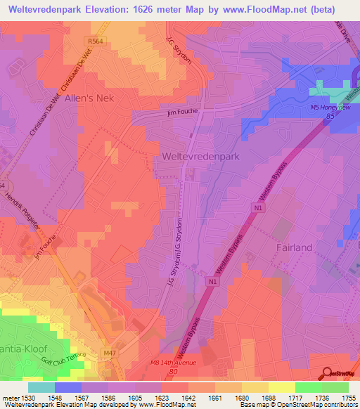 Weltevredenpark,South Africa Elevation Map