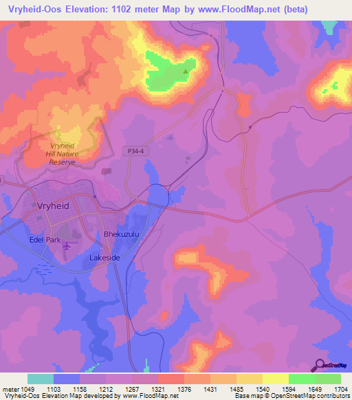 Vryheid-Oos,South Africa Elevation Map