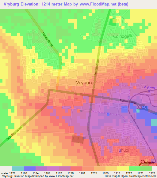 Vryburg,South Africa Elevation Map