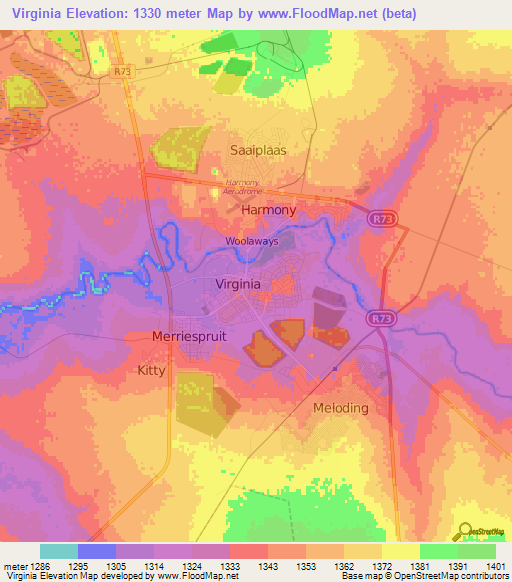 Virginia,South Africa Elevation Map