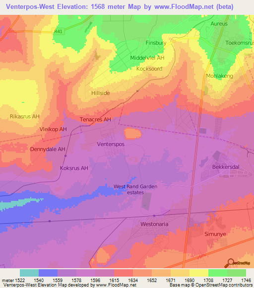 Venterpos-West,South Africa Elevation Map