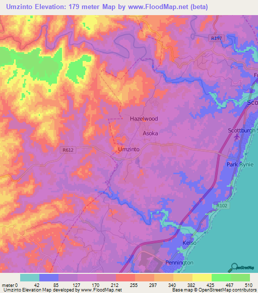 Umzinto,South Africa Elevation Map