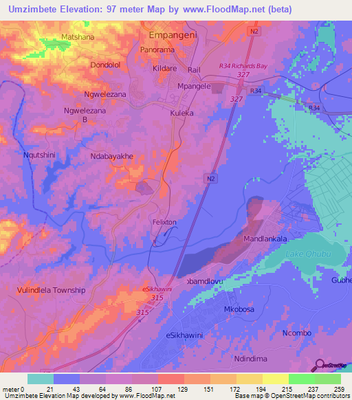 Umzimbete,South Africa Elevation Map