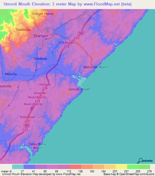 Umvoti Mouth,South Africa Elevation Map